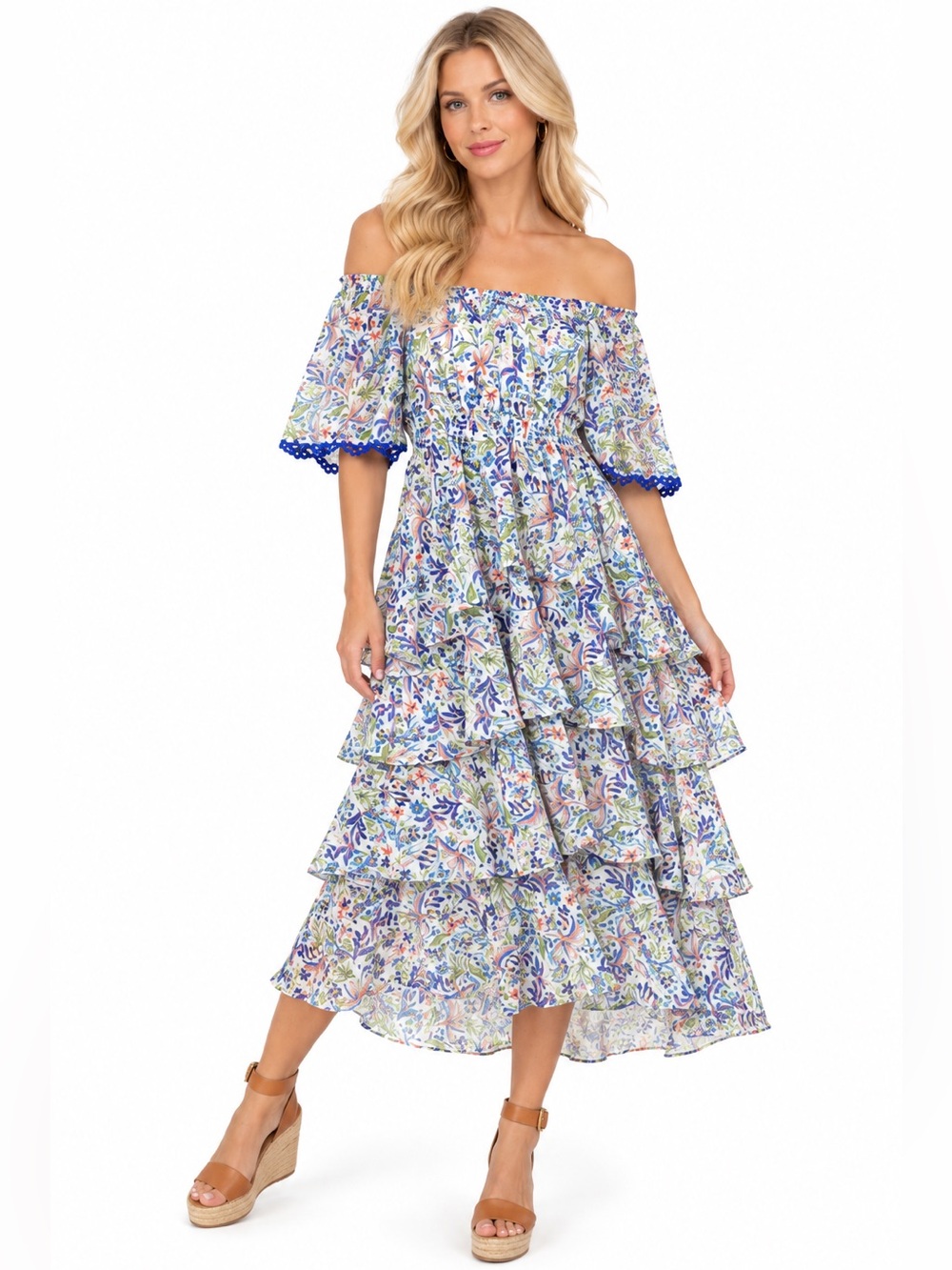 NWT Hale Bob Off-Shoulder Blue Floral Tiered Maxi Dress